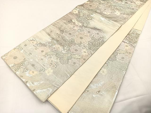 平和屋着物◎六通柄袋帯 唐織 尾長鳥花文 銀糸 正絹 逸品 BAAT5104jr