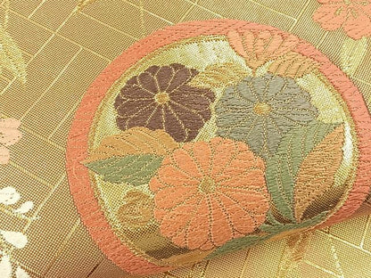 平和屋着物◎六通柄袋帯 唐織 花丸文 金糸 正絹 逸品 BAAT5109jr