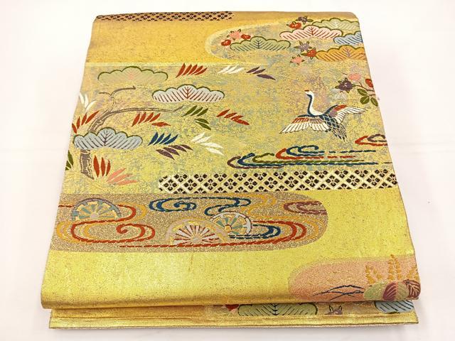 平和屋着物◎六通柄袋帯　唐織　エ霞飛鶴花文　金銀糸　正絹　逸品　BAAT5117jr