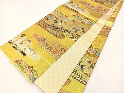 平和屋着物◎六通柄袋帯　唐織　エ霞飛鶴花文　金銀糸　正絹　逸品　BAAT5117jr