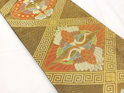 平和屋着物◎六通柄袋帯 双鶴双蝶文 黒地 金銀糸 正絹 逸品 BAAT5122jr