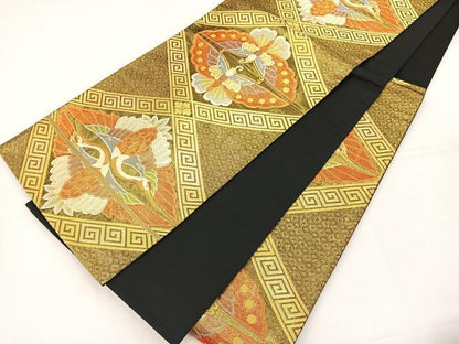 平和屋着物◎六通柄袋帯 双鶴双蝶文 黒地 金銀糸 正絹 逸品 BAAT5122jr
