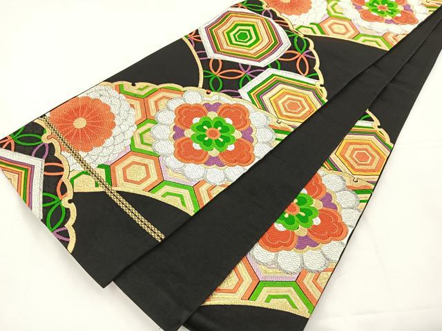 平和屋着物◎六通柄袋帯 唐織 雪輪花文 黒地 金銀糸 正絹 逸品 BAAT5133jr