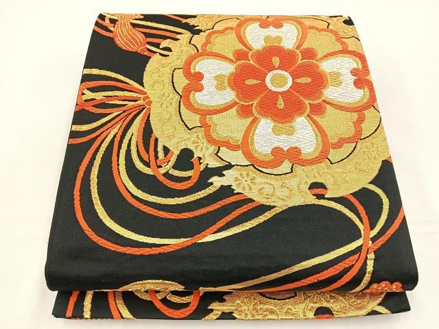 平和屋着物◎六通柄袋帯 唐織 雪輪花文 黒地 金糸 正絹 逸品 BAAT5140jr