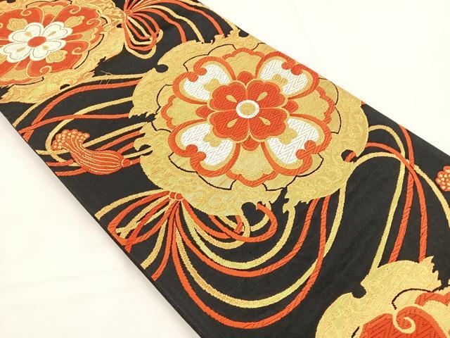 平和屋着物◎六通柄袋帯 唐織 雪輪花文 黒地 金糸 正絹 逸品 BAAT5140jr