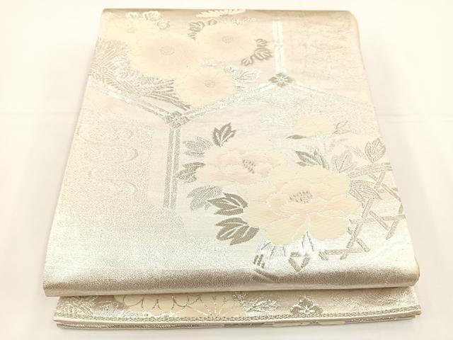平和屋着物◎六通柄袋帯 唐織 雲取り花文 銀糸 正絹 逸品 BAAT5151jr