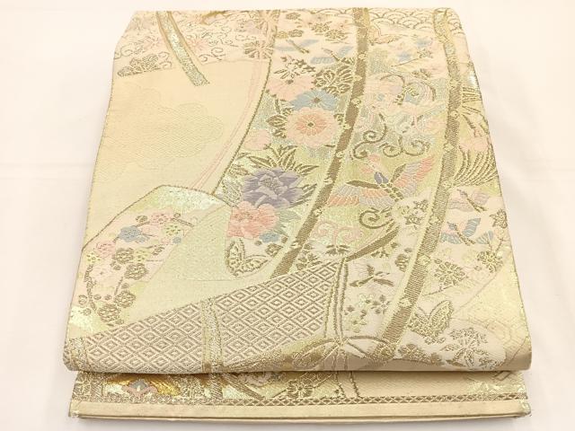 平和屋着物◎六通柄袋帯 唐織 几帳花鳥文 金糸 正絹 逸品 BAAT5154jr