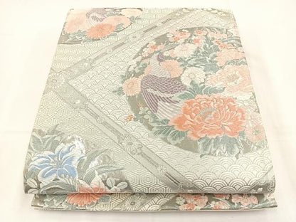 平和屋着物◎六通柄袋帯　唐織　九百錦　桃山花鳥文　プラチナ箔　正絹　逸品　BAAT5165jr