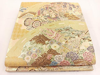 平和屋着物◎西陣 六通柄袋帯 唐織 彩華 扇面佳庭文 金糸 正絹 逸品 BAAT5173jr