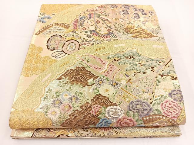 平和屋着物◎西陣 六通柄袋帯 唐織 彩華 扇面佳庭文 金糸 正絹 逸品 BAAT5173jr
