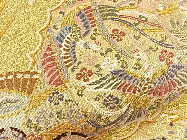 平和屋着物◎西陣 六通柄袋帯 唐織 彩華 扇面佳庭文 金糸 正絹 逸品 BAAT5173jr
