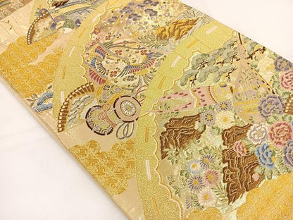平和屋着物◎西陣 六通柄袋帯 唐織 彩華 扇面佳庭文 金糸 正絹 逸品 BAAT5173jr