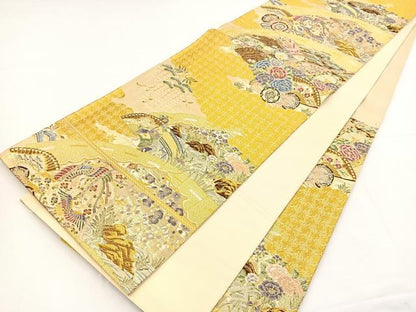 平和屋着物◎西陣 六通柄袋帯 唐織 彩華 扇面佳庭文 金糸 正絹 逸品 BAAT5173jr