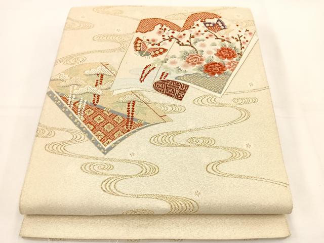 平和屋着物◎太鼓柄袋帯 綴れ 唐織 冊子花蝶文 金糸 正絹 逸品 BAAT5174jr