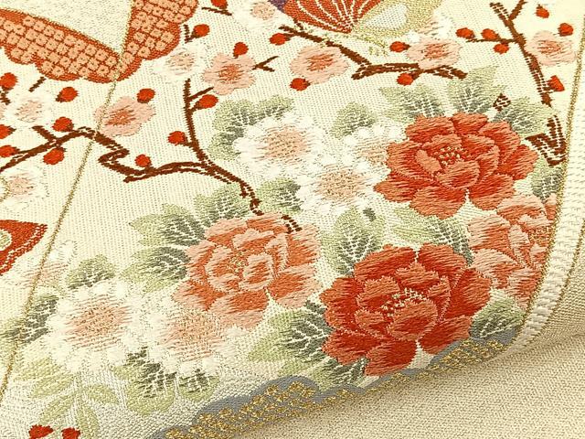 平和屋着物◎太鼓柄袋帯 綴れ 唐織 冊子花蝶文 金糸 正絹 逸品 BAAT5174jr