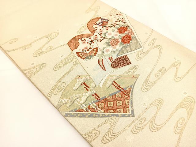 平和屋着物◎太鼓柄袋帯 綴れ 唐織 冊子花蝶文 金糸 正絹 逸品 BAAT5174jr