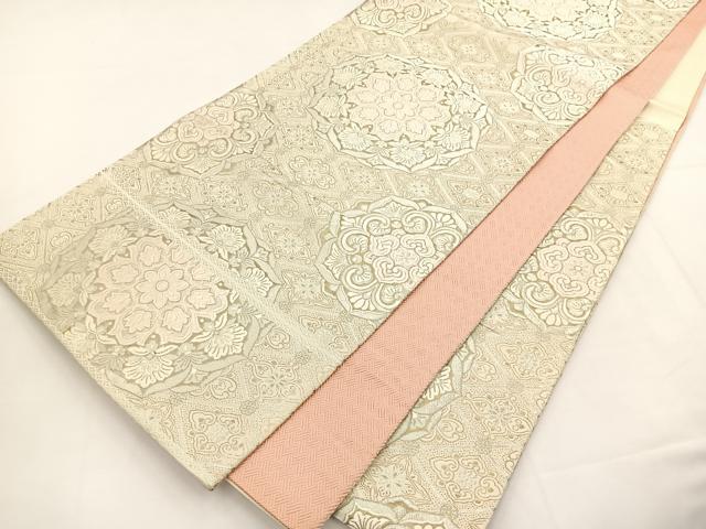 平和屋着物◎六通柄袋帯 唐織 正倉院花文 銀糸 正絹 逸品 BAAT5176jr