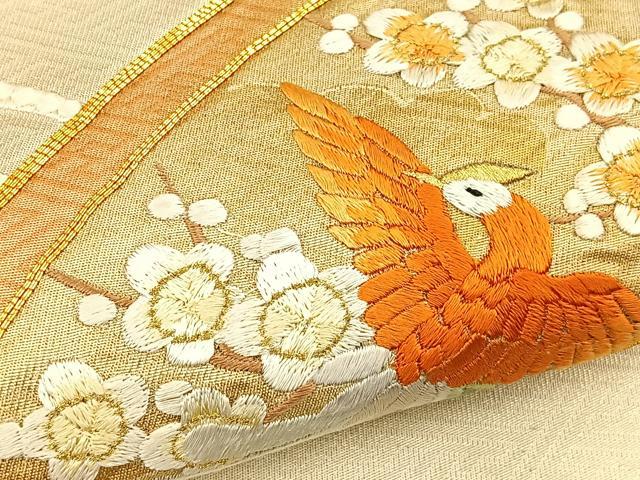 平和屋着物◎太鼓柄袋帯　総刺繍　駒刺繍　花鳥絵巻　金糸　正絹　逸品　BAAT5178jr