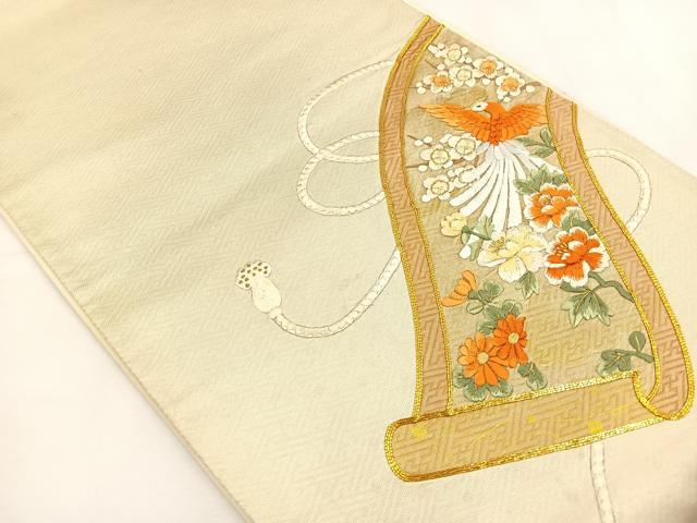 平和屋着物◎太鼓柄袋帯　総刺繍　駒刺繍　花鳥絵巻　金糸　正絹　逸品　BAAT5178jr