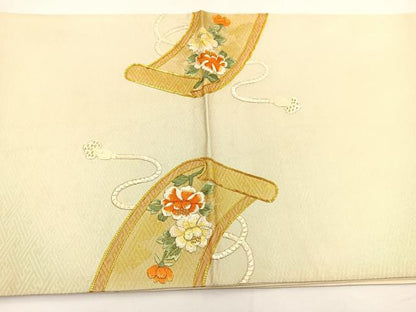 平和屋着物◎太鼓柄袋帯　総刺繍　駒刺繍　花鳥絵巻　金糸　正絹　逸品　BAAT5178jr