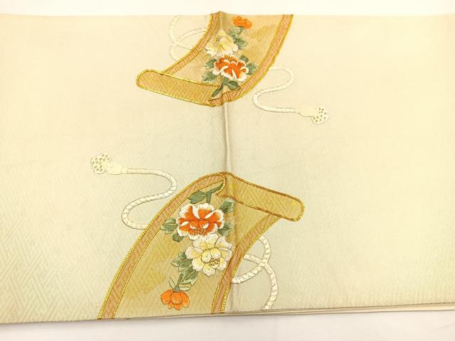 平和屋着物◎太鼓柄袋帯　総刺繍　駒刺繍　花鳥絵巻　金糸　正絹　逸品　BAAT5178jr