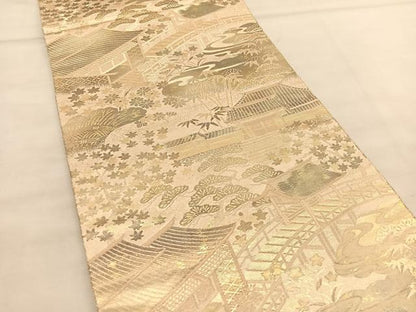 平和屋着物◎六通柄袋帯　渡橋風景文　金糸　正絹　逸品　BAAT5366hv