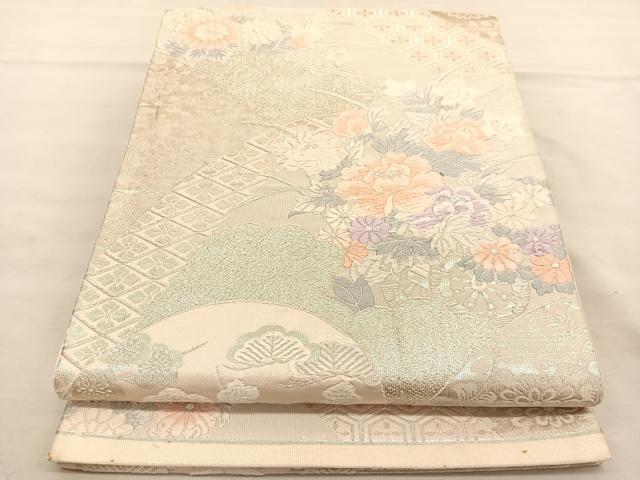 平和屋着物◎六通柄袋帯 唐織 花車文 銀糸 正絹 逸品 BAAT5369hv