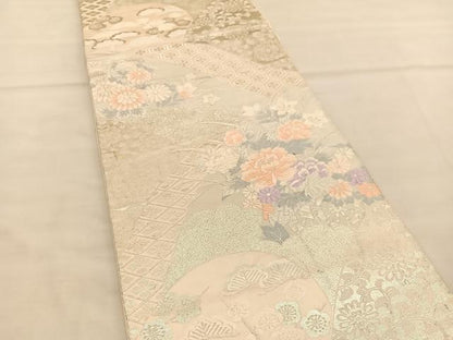 平和屋着物◎六通柄袋帯 唐織 花車文 銀糸 正絹 逸品 BAAT5369hv