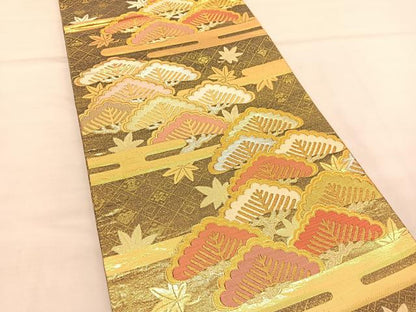 平和屋着物◎六通柄袋帯　唐織　松楓文　金銀糸　正絹　逸品　BAAT5374hv