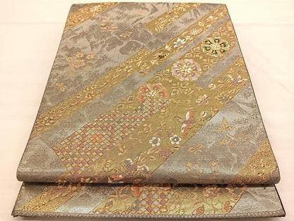 平和屋着物◎六通柄袋帯 唐織 花鳥短冊文 金糸 正絹 逸品 BAAT5382hv