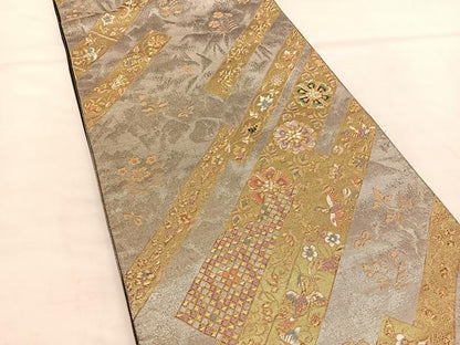 平和屋着物◎六通柄袋帯 唐織 花鳥短冊文 金糸 正絹 逸品 BAAT5382hv