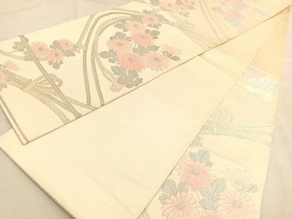 平和屋着物◎六通柄袋帯 唐織 結び紐菊文 銀糸 正絹 逸品 BAAT5399hv