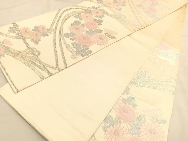 平和屋着物◎六通柄袋帯 唐織 結び紐菊文 銀糸 正絹 逸品 BAAT5399hv