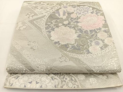 平和屋着物◎六通柄袋帯 唐織 花鳥文 銀糸 正絹 逸品 BAAT5412yt