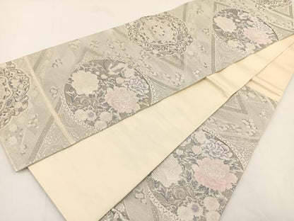 平和屋着物◎六通柄袋帯 唐織 花鳥文 銀糸 正絹 逸品 BAAT5412yt