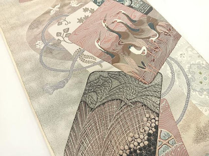 平和屋着物◎六通柄袋帯 九百錦 彩鶴艶麗文 金銀糸 正絹 逸品 BAAT5415yt