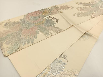 平和屋着物◎六通柄袋帯　孔雀文　銀糸　正絹　逸品　BAAT5426yt