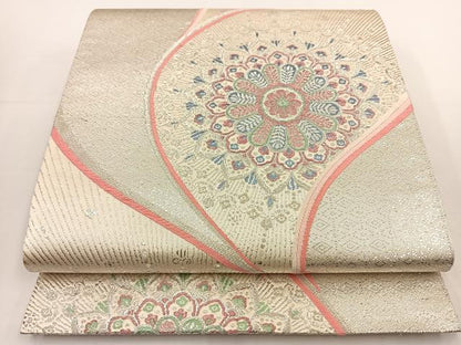平和屋着物◎六通柄袋帯　唐織　正倉院花文　銀糸　正絹　逸品　BAAT5436yt