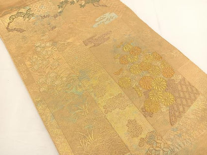 平和屋着物◎六通柄袋帯　青銅金唐織　草花文　金糸　引箔　正絹　逸品　BAAT5454yt