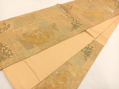 平和屋着物◎六通柄袋帯　青銅金唐織　草花文　金糸　引箔　正絹　逸品　BAAT5454yt