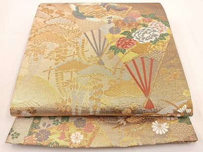 平和屋着物◎六通柄袋帯 唐織 扇面花鳥文 金銀糸 正絹 逸品 BAAT5460yt