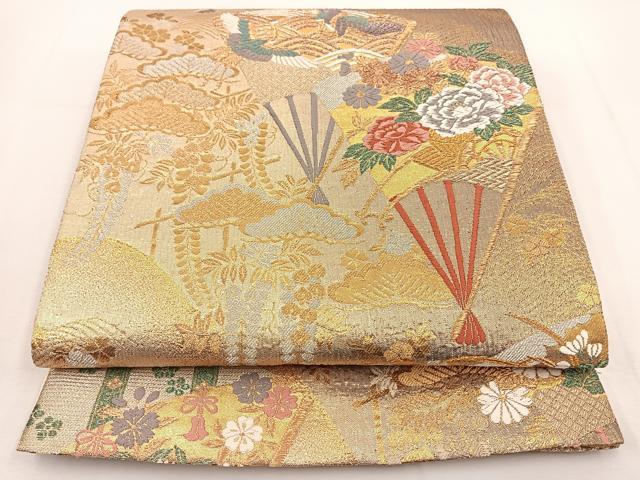 平和屋着物◎六通柄袋帯 唐織 扇面花鳥文 金銀糸 正絹 逸品 BAAT5460yt