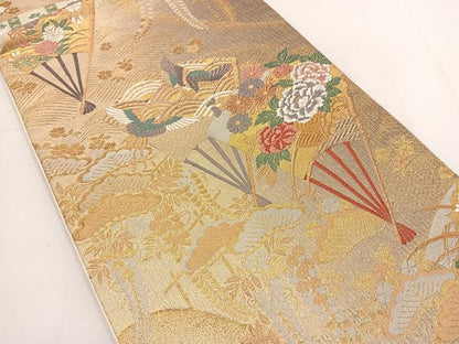 平和屋着物◎六通柄袋帯 唐織 扇面花鳥文 金銀糸 正絹 逸品 BAAT5460yt