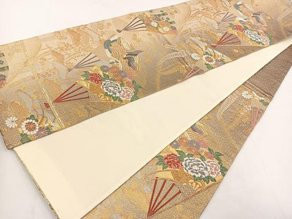 平和屋着物◎六通柄袋帯 唐織 扇面花鳥文 金銀糸 正絹 逸品 BAAT5460yt