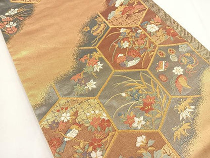 平和屋着物◎六通柄袋帯　唐織　亀甲花鳥文　金糸　正絹　逸品　BAAT5467yt