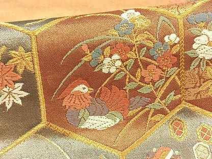 平和屋着物◎六通柄袋帯　唐織　亀甲花鳥文　金糸　正絹　逸品　BAAT5467yt