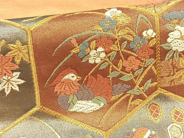 平和屋着物◎六通柄袋帯　唐織　亀甲花鳥文　金糸　正絹　逸品　BAAT5467yt