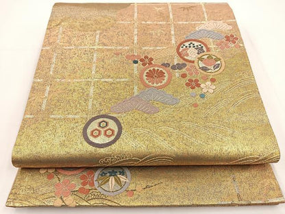平和屋着物◎六通柄袋帯　唐織　草花文　金糸　正絹　逸品　BAAT5471yt
