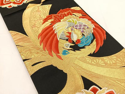 平和屋着物◎六通柄袋帯 唐織 鳳凰花文 黒地 金銀糸 正絹 逸品 BAAT5581yt