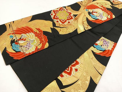 平和屋着物◎六通柄袋帯 唐織 鳳凰花文 黒地 金銀糸 正絹 逸品 BAAT5581yt